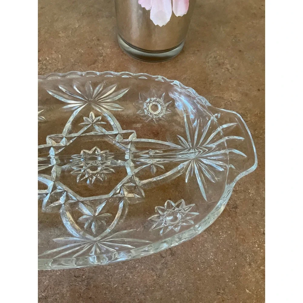 Vintage Clear Pressed Glass Divided Relish Dish Starburst Oval Serving Tray 9.5